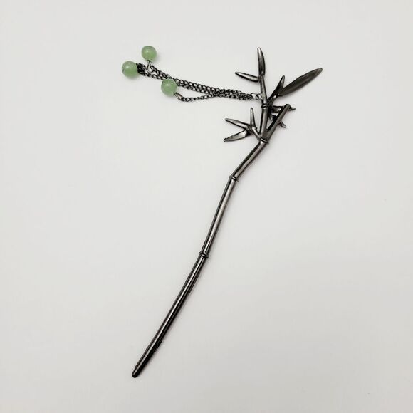 Brand New Titanium Black Bamboo With Green Jade Hair Pin - Picture 4 of 7